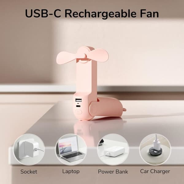 Mini bærbar ventilator. 3-i-1 lommeventilator. Genopladelig ventilator. Batteridrevet ventilator - pink.
