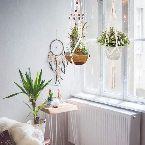 Set med 5 makrame-växthängare med olika nivåer, beige bomullsrepkruka
