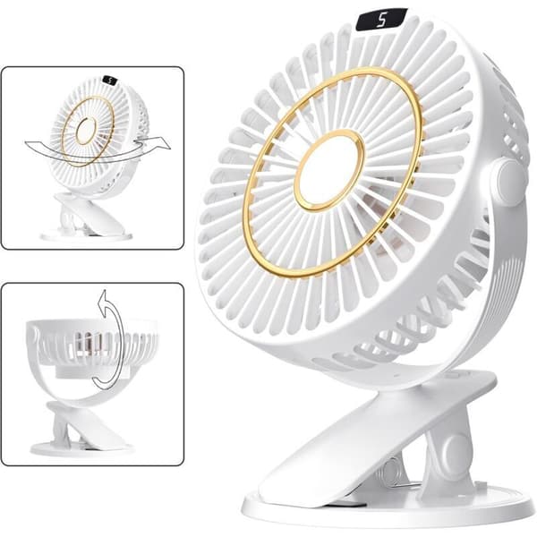 Miniskrivebordsventilator med klips. 5 blæserhastigheder. 720° rotation, genopladelig, med LCD-skærm.