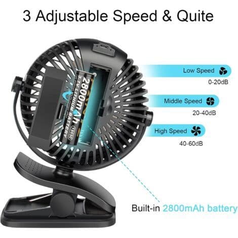Mini USB-blæser. Bærbar og støjsvag. 360° rotation. 3 justerbare hastigheder. 1200 mAh - Sort