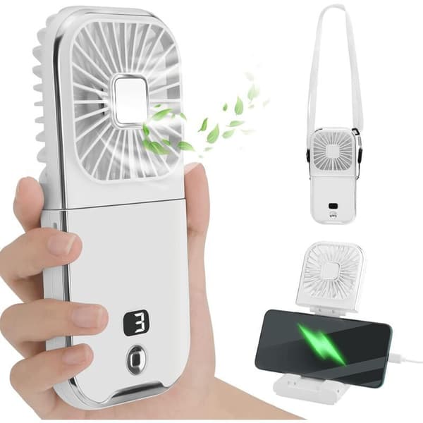 Mini bärbar USB-halsfläkt. 3000 mAh. Liten fläkt. Tyst USB-fläkt. Vit.