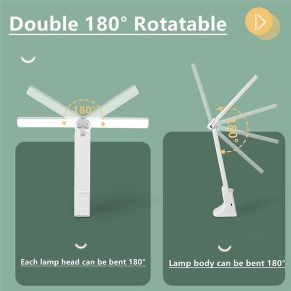 Bærbar LED-bordlampe med dobbelthode og sterkt lys, leselampe for barn, hvit