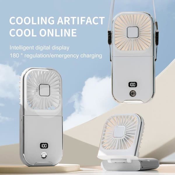 Mini bærbar lommeventilator med variabel hastighed, LED digitalt display og mobiltelefonholder