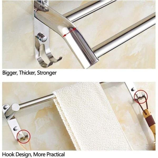 Dobbelt veggmontert håndklestativ 60 cm - Krom - SUS304 rustfritt stål - Integrerte kroker