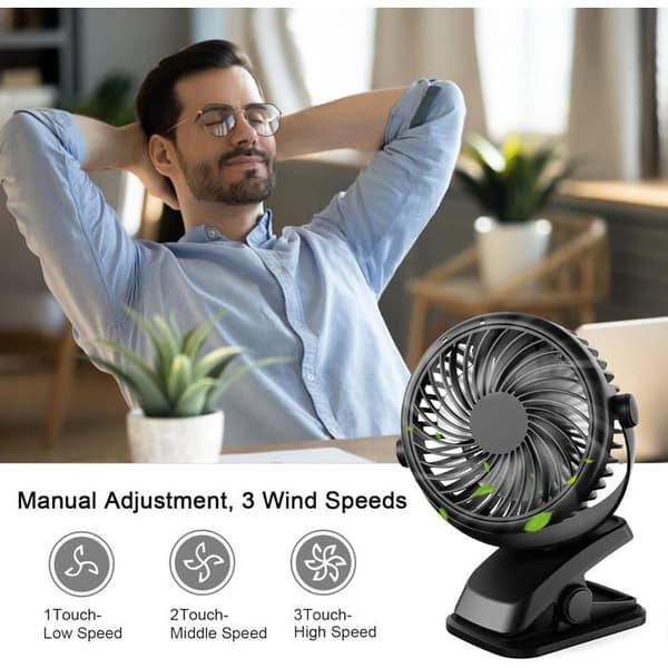 Bærbar ventilator - Lydløs - USB C - 3 hastigheder - Genopladelig - Clip-on og skrivebord