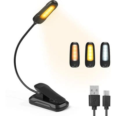 Leselys for bøker, oppladbar LED e-leser, 3 lysstyrkemoduser x 3 farger, 360° fleksibel hals
