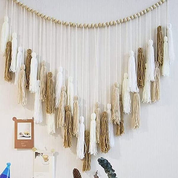 Stor Makrame Väggbonad 39 x 43 tum Vävd Boho Gobeläng Vit Beige Makrame Väggdekor med Pärla