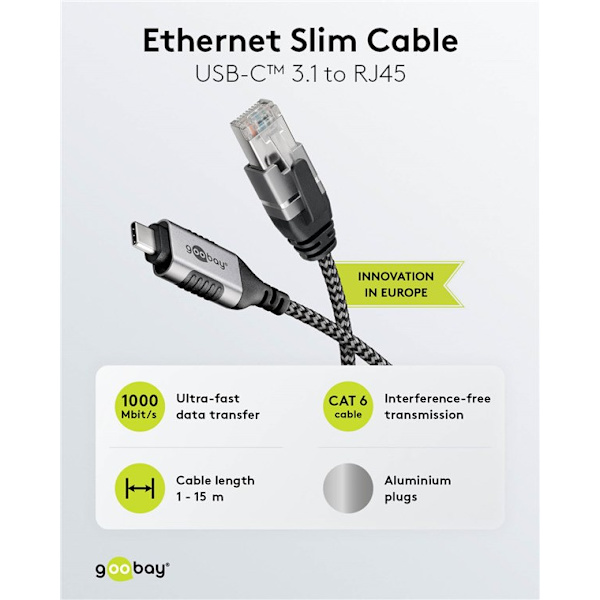 Ethernet-kabel USB-C™ 3.1 til RJ45, Slim, 3 m