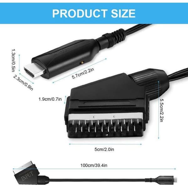 SCART til HDMI 1080p-adapter med kabel – 2 porter, 5V/1A strømforsyning