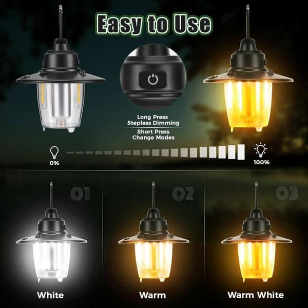Oppladbar Campinglykt - 1000 Lumen Campinglykt for Telt - Bærbar, IP65 Vanntett - 4 Lysmoduser