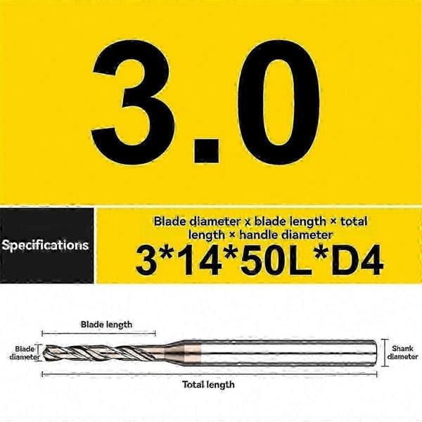 3 stk. solide bor av wolframkarbid for metall, 3,0–5,0 mm diameter