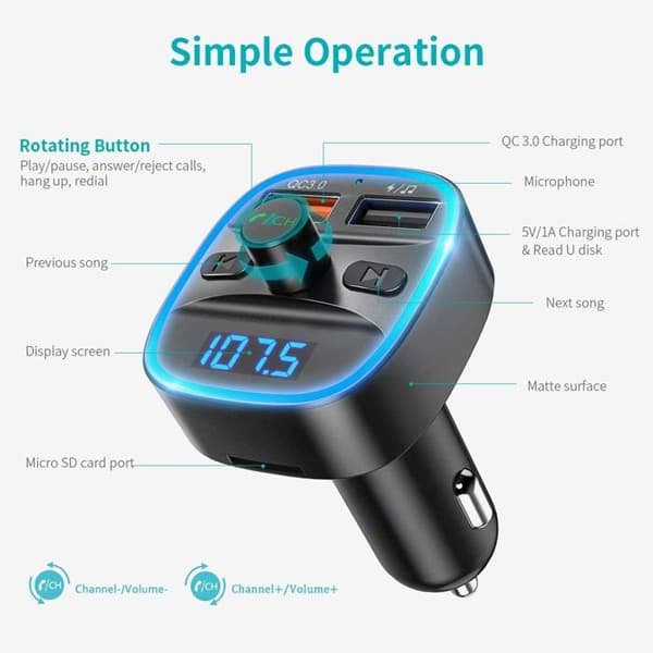 FM-sender, avansert Bluetooth 5.0 bilsett, to USB-porter med QC3.0, trådløs håndfri samtale, adapter