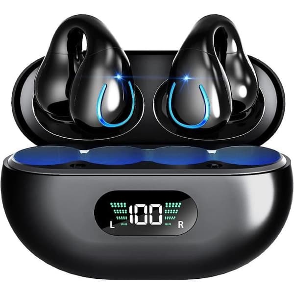 Bluetooth 5.3 Høretelefoner, HiFi Stereo Trådløse Hovedtelefoner med Touch Control, Clip-on Design med LED Display - Sort