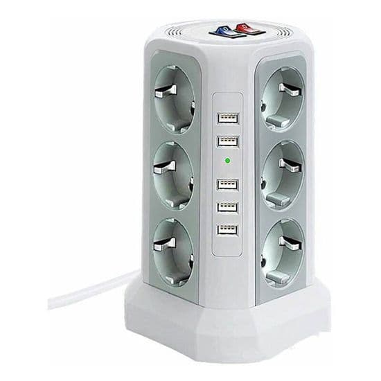 Overspenningsvern med 5 USB-porter og 12 uttak, 2 brytere, hvit