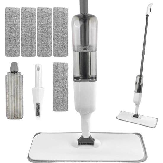 Spraymoppe, gulvrengøringsmoppe, flad spraymoppe, mikrofibermoppe med 5 genanvendelige puder og skraber