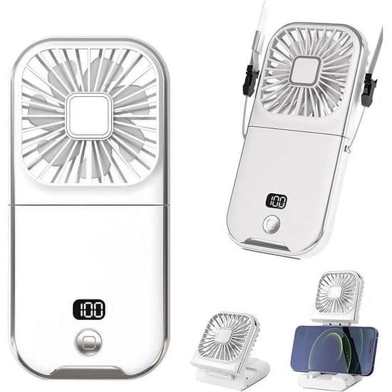 Mini bærbar lommeventilator med variabel hastighed, LED digitalt display og mobiltelefonholder