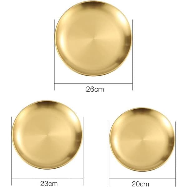 Brickor, set med 3 runda brickor i guldmässing, serveringsbrickor i rostfritt stål, cateringbricka, dekorativ bricka, guld