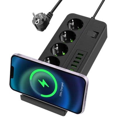 11-i-1 strømskinne - 4 uttak - 6 USB-porter - 2m kabel