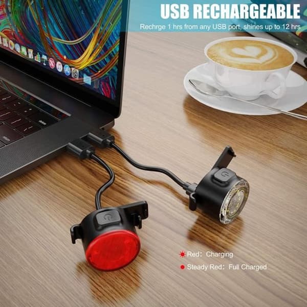 USB Oppladbart Sykkellyssett, Front- og Baklys, IPX5 Vanntett, 6 Lysmoduser, LED-lys