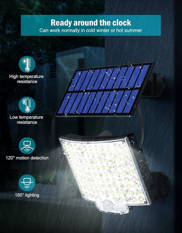 LED Solar Utendørslys med Bevegelsessensor, IP65 Vanntett, 120° Lysvinkel