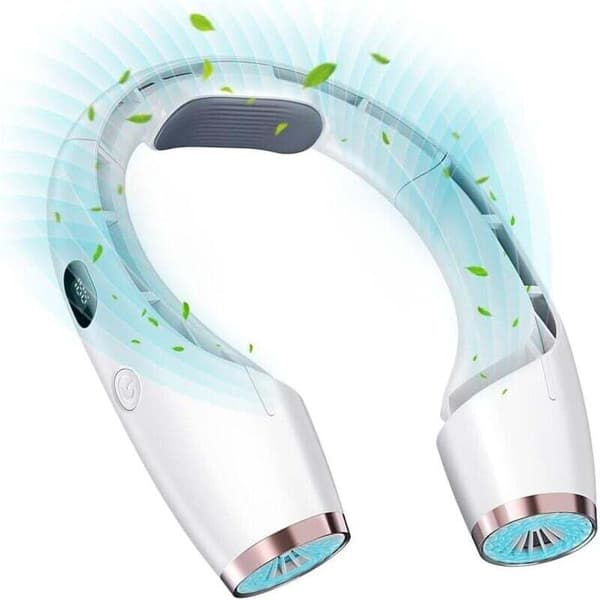 Bladeless halsventilator, tre-trins LED-display, ultra-stille drift, USB-opladning - hvid