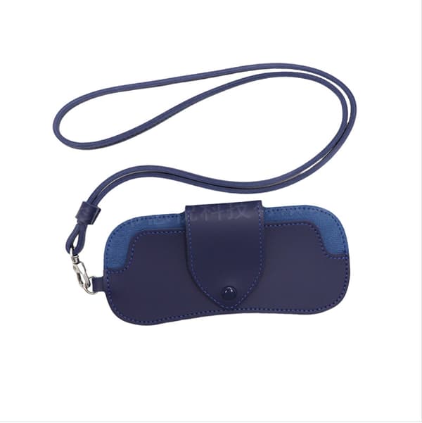 Portable PU Leather Sunglasses Case with Neck Hanging Pocket Blue