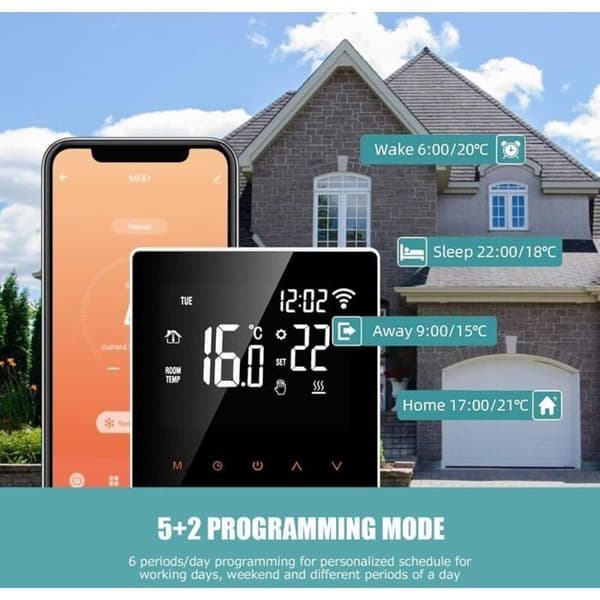 WiFi-termostat til elektrisk gulvvarme 16A, kompatibel med Alexa og Google Home, programmerbar med LCD-skærm
