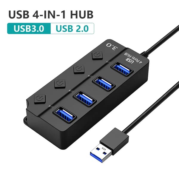 4-i-1 USB 3.0 HUB, USB 2.0 Splitter, Multiport Adapter, Uafhængig Strømafbryder, 30 cm Forlængerkabel