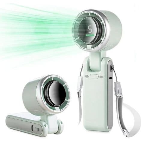 3-i-1 bærbar turboventilator. Sammenfoldelig. USB-interface. 5 blæserhastigheder. 180° justerbar nakkestrop.