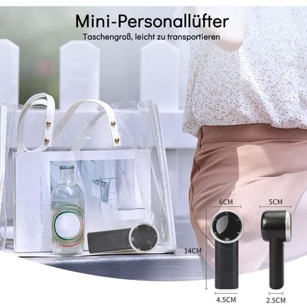 Bærbar turboventilator. Med LED-display. USB genopladelig. 5 blæserhastigheder - Sort.