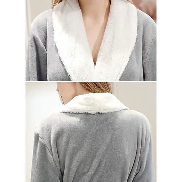 Lang varm flannel badekåbe til kvinder — sjalskrave, 2 store lommer, bælte — M (128 cm) Grå