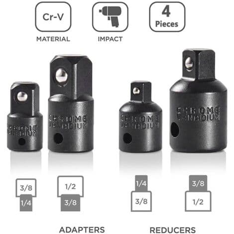 4-delt skraldeadapter og adaptersæt til 1/2\", 1/4\" og 3/8\" toppe og bits