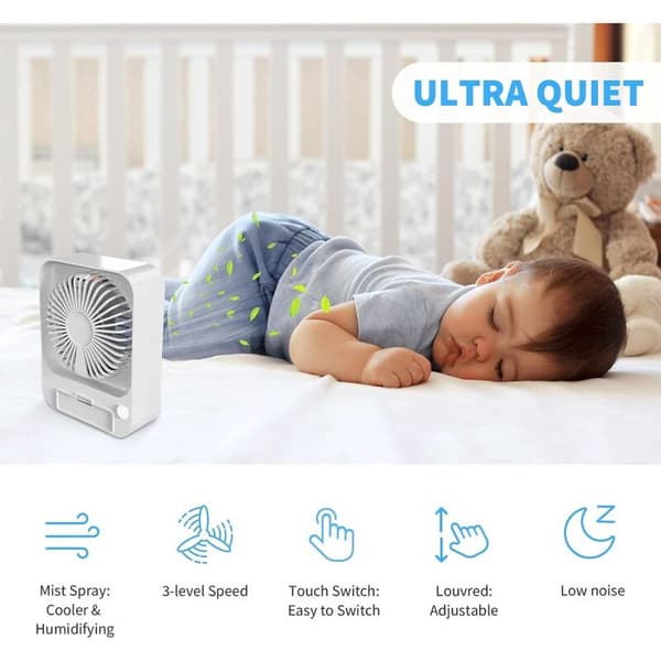Mini skrivebordsventilator med forstøver. Tre hastigheder. USB genopladelig. Stille drift. Hvid.