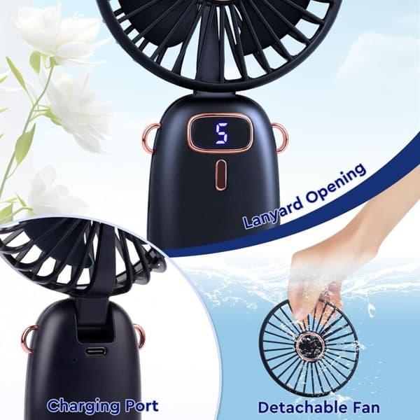 Lille 5-trins lommeventilator med base. Mini bærbar USB-ventilator, støjsvag og kraftfuld (blå).