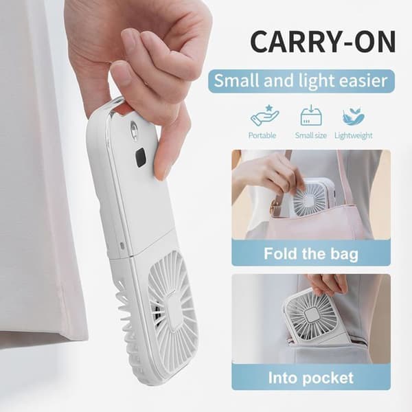 Mini bærbar lommevifte med variabel hastighet, LED digitalt display og mobiltelefonholder