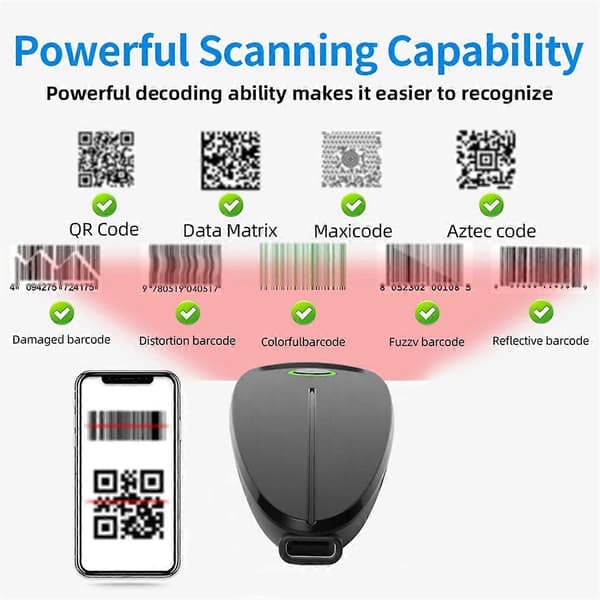 1D 2D QR Strekkodeskanner Mini 2.4G Trådløs Bluetooth Håndholdt Bærbar Kode Data Matrix-leser med