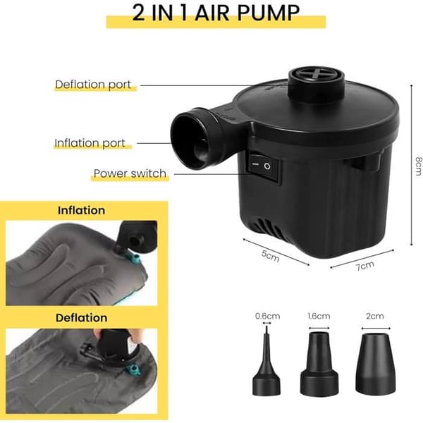 Elektrisk Luftpump för Pooler. Bärbar Madrasspump. Pump med 3 Munstycken. 110V-240V AC / 12V DC.