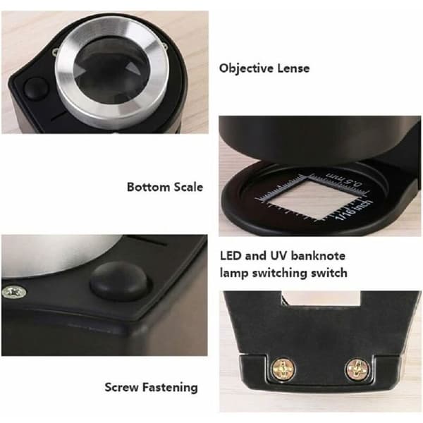 30X Belyst Forstørrelsesglas - 6 LED-lys - Dobbelt 25 mm Linse - Foldbar Skala - UV-lys - Zinklegering