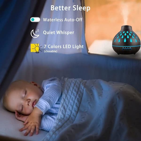 Diffuser för eteriska oljor, 400 ml, 7 LED-färger, 4 timerinställningar, automatisk avstängning vid låg vattennivå, BPA-fri