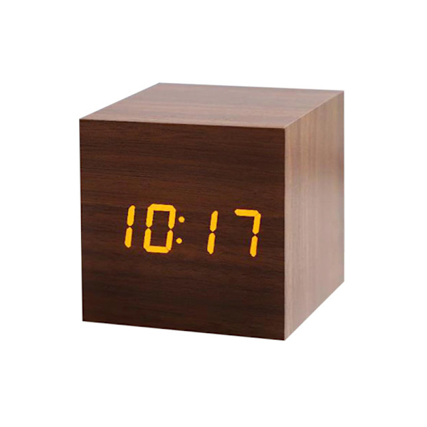 Digital Alarm Clock, Square - Brown with Yellow Digits