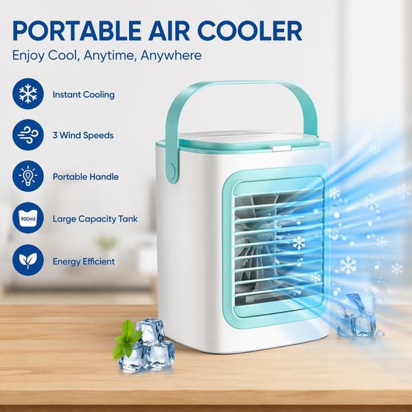 Mini Airconditioner, Bærbar Fordampningskøler med 3-trins Ventilator, Luftfugter, Isbokse og Touchkontrol