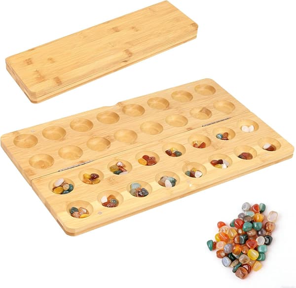 Kalaha Trebrettspill med 65 Steiner – Mancala Strategispill, Sammenleggbart Reisespill for Barn og Voksne