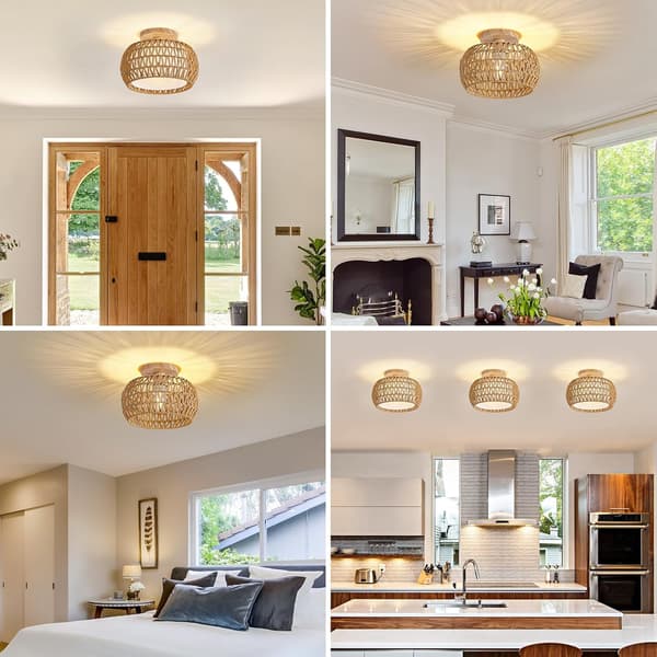 31 cm Boho Rattan Flush Mount Taklampa, Handvävd Korgkrona för Sovrum, Hall, Entré, Lantgård Khaki Bulbs Included