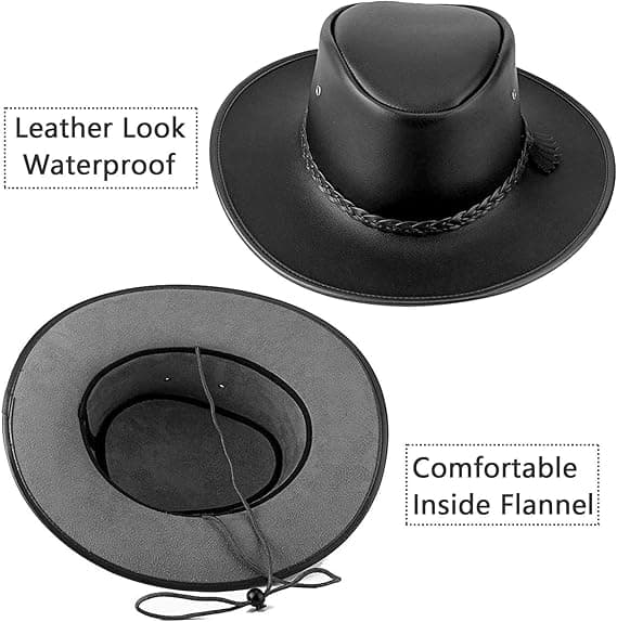Cowboyhatte til mænd og kvinder, Western Læder Outback Bred Skygge Regnhat Black