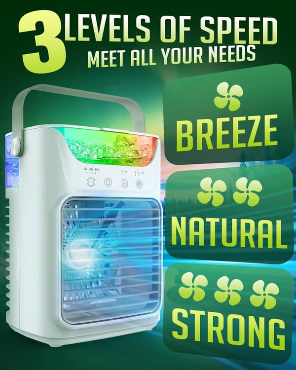Bærbar aircondition, 3-i-1 bord-luftkøler med 700 ml tank, 3 hastigheder, LED-lys, 6 timers timer