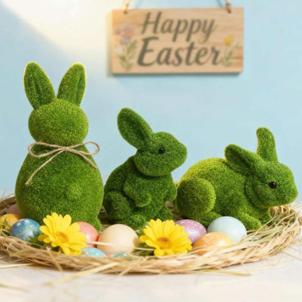 4-Pack Easter Bunny Figurines Flocked – Easter Decoration Rabbit Green, Easter Decor for Table, Shelf, Garden & Home