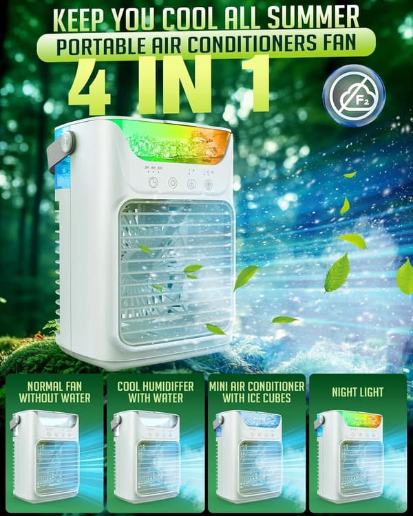 Bærbar aircondition, 3-i-1 bord-luftkøler med 700 ml tank, 3 hastigheder, LED-lys, 6 timers timer