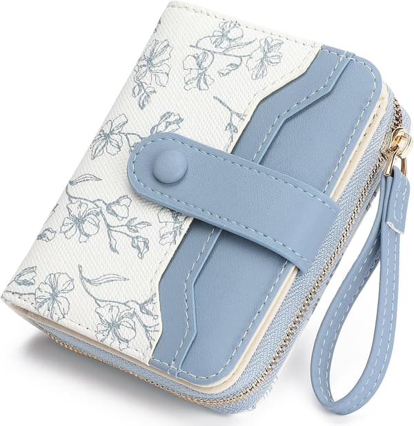 Women's Leather Wallet with RFID Protection, Slim Design, Floral Pattern and Zipper Pocket Blue