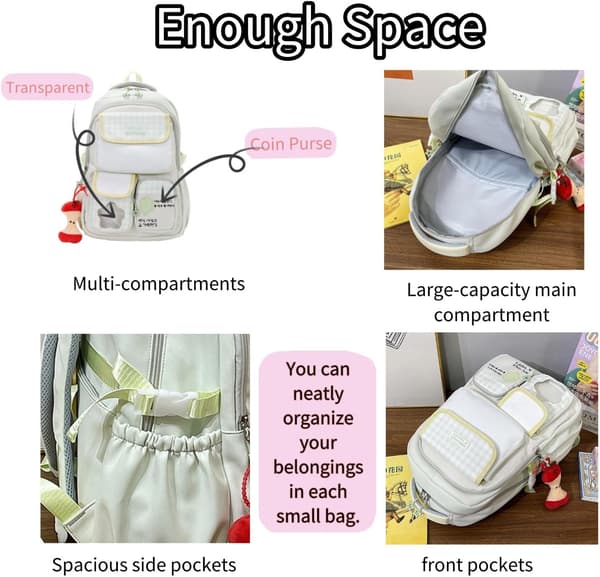 Women's Backpack with Plaid Pattern, Lightweight Everyday Backpack with Transparent Pocket and Decorative Charm, 47x30x18 cm Yellow