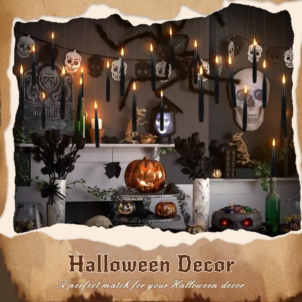12 Pcs Black Floating LED Candles with Wand or Remote Control, Magical Hanging Lights for Halloween B